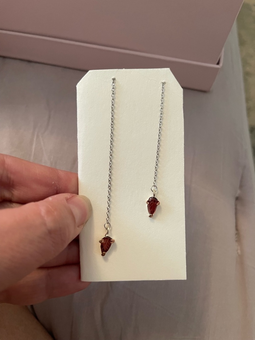 Hand Crafted Silver Threader Earrings with Deep Red carved garnet leaf Drops